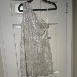 Aqua One-Shoulder White Sequin Cocktail Dress